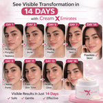 Promotional image of Cream X Emirates showing skin transformation over 14 days with a jar of cream.