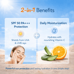 Cosmetic product with SPF 50 PA+++ protection and daily moisturization benefits, set against a beach background.