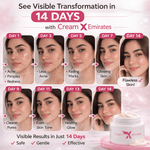 Promotional image of Cream X Emirates showing skin transformation over 14 days with a jar of cream.