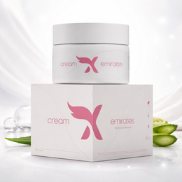 Cream Emirates jar and box with aloe vera leaves on a white background