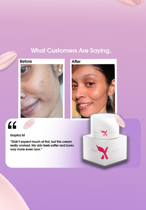 Emirates skincare product with customer before and after results on a pink background