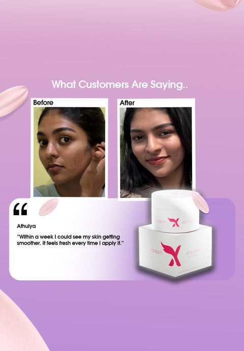 Emirates skincare product with customer before and after images on a purple background