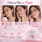 Step-by-step guide on how to use a skincare cream with a woman applying it, shown on a pink background.
