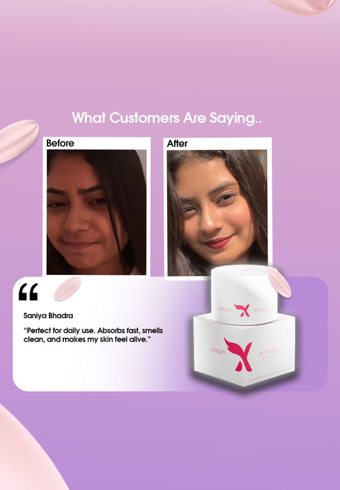 Emirates skincare product with customer review before and after images on a purple background