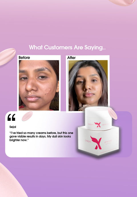 Emirates skincare product with customer before and after results on a pink background