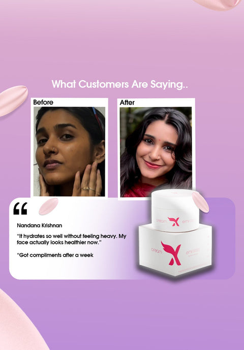 Emirates skincare product with customer before and after results on a purple background