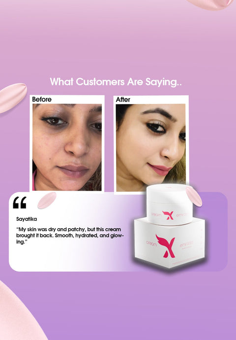 Emirates skincare product with customer before and after results on a purple background