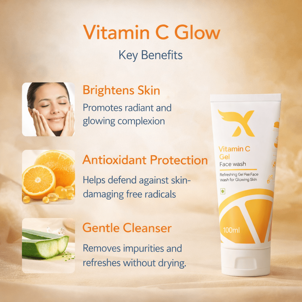 Vitamin C skincare product with benefits listed on a beige background XCosmetics | Cream X Emirates