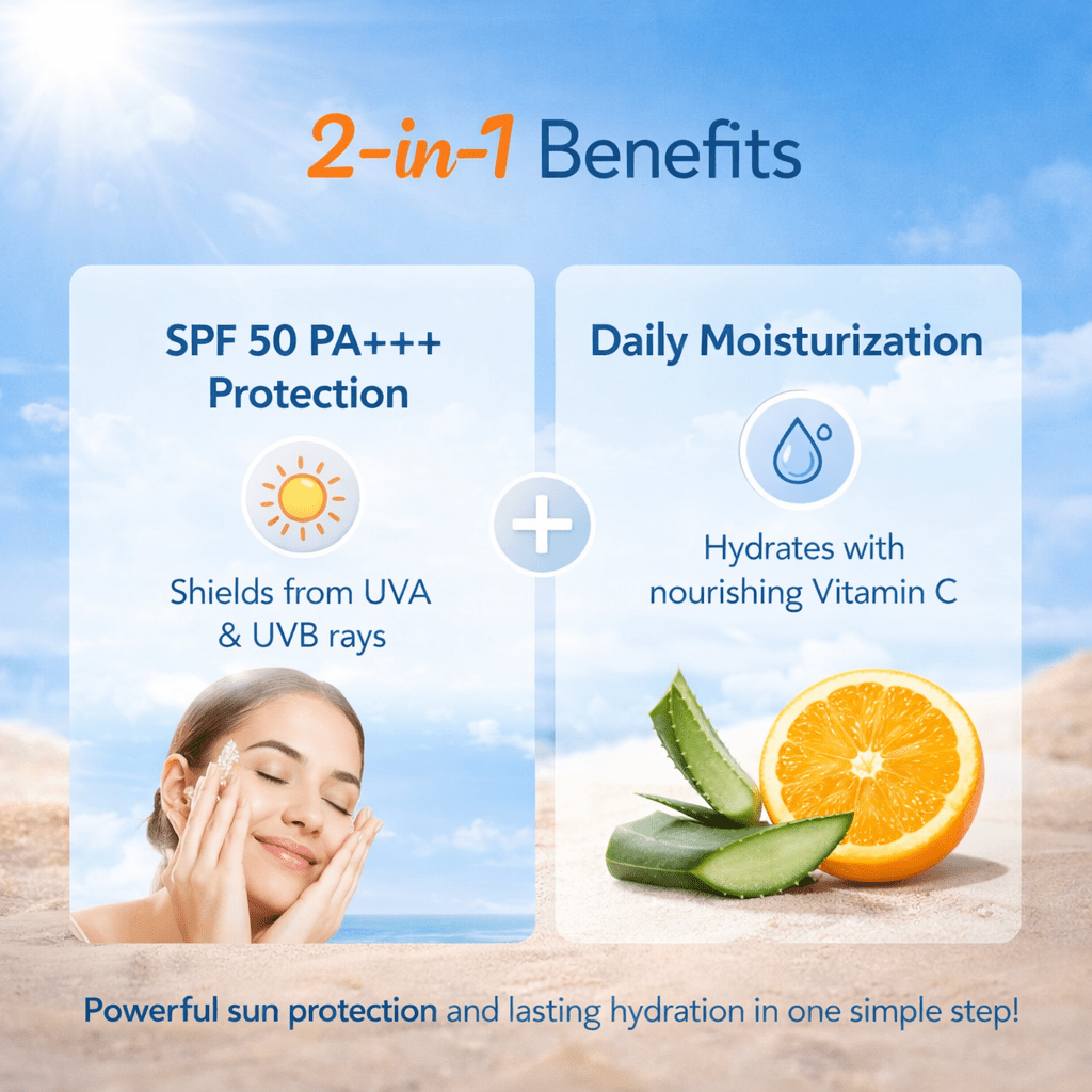 Cosmetic product with SPF 50 PA+++ protection and daily moisturization benefits, set against a beach background.