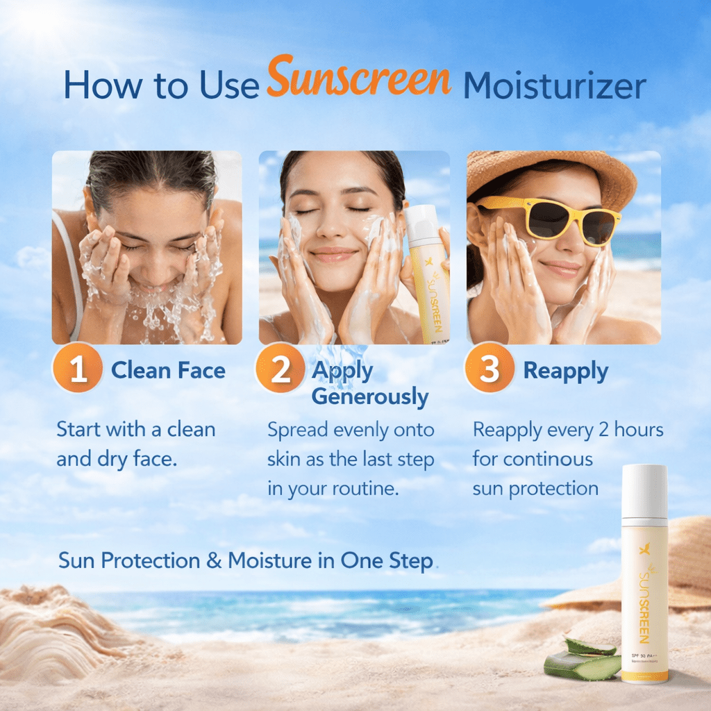Instructions on how to use sunscreen moisturizer with beach-themed background. Xcosmetics | cream x emirates