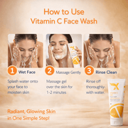 Instructions on how to use vitamin C face wash with a product image. XCosmetics | Cream X Emirates