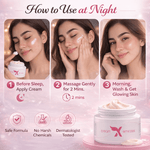 Step-by-step guide on how to use a skincare cream with a woman applying it, shown on a pink background.