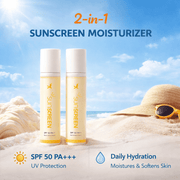 Two sunscreen bottles on sand with beach background, featuring text about SPF 50 PA+++ and daily hydration benefits.| xcosmetics | cream x emirates
