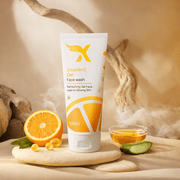 Tube of Vitamin C Gel Face Wash with an orange, cucumbers, and other ingredients on a natural background. XCosmetics | Cream X Emirates